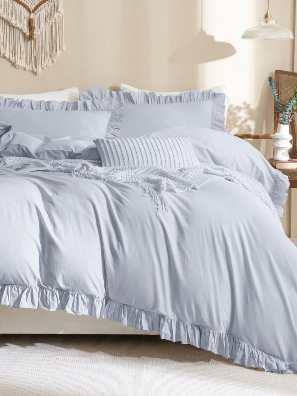 Ruffle Duvet Cover Queen Size Washed Cotton,3pc Linen Feel Farmhouse Shabby